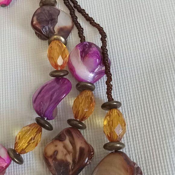 Pink & Brown Colorful Beaded Triple Strand Statement Necklace & Dangle Earrings - Picture 5 of 11